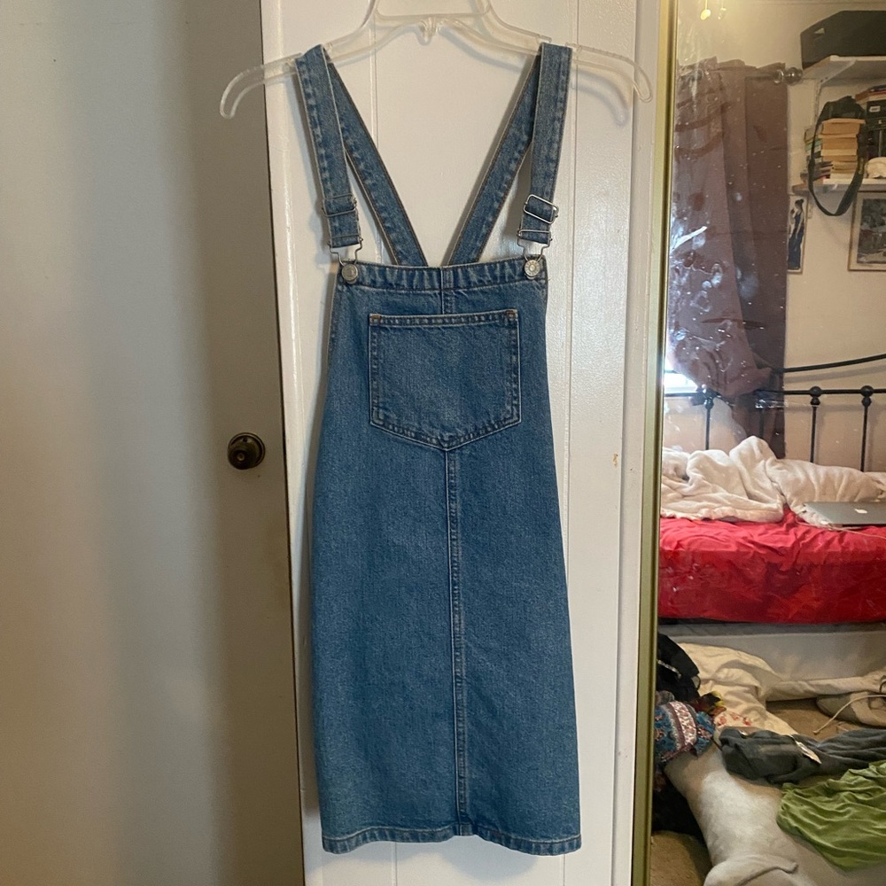 Top shop petite denim overall dress with pockets sz 4